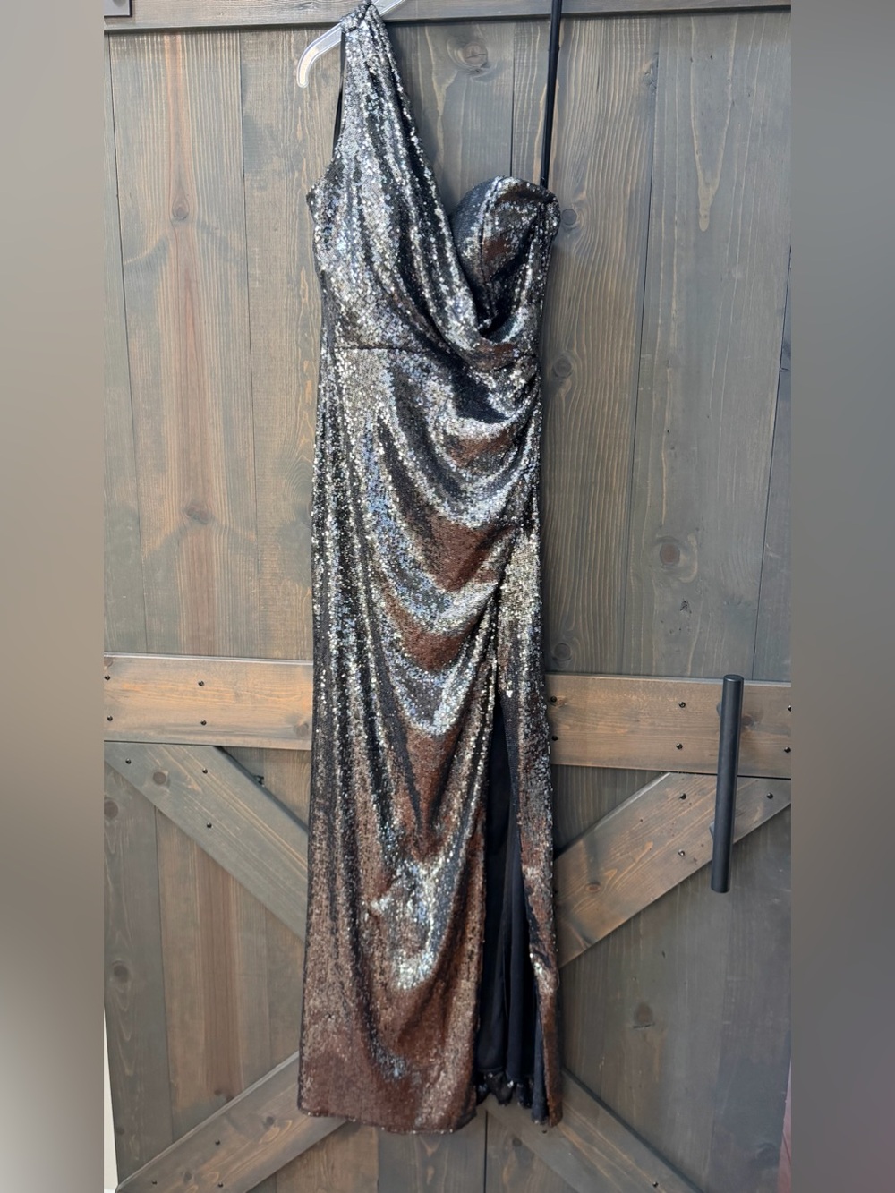 Cache One-Shoulder Sequin Gown in Metallic Black and Silver